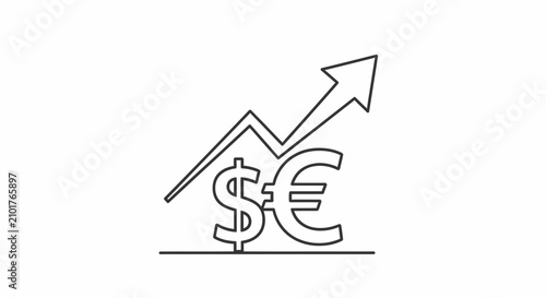 Dollar and Euro symbols with rising arrow graph, financial growth concept