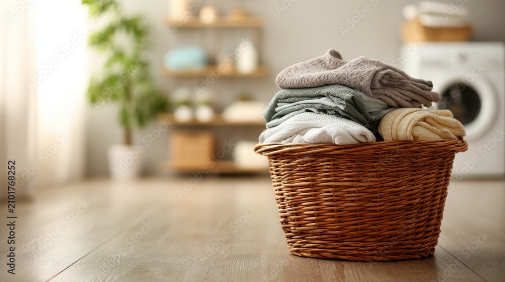 Obraz premium Cozy Laundry Room with a Woven Basket Filled with Clean Towels and Soft Blankets in a Bright and Inviting Space