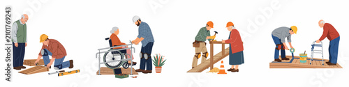 Illustrations of professional workers constructing and installing accessibility ramps for senior citizens and people with mobility challenges to ensure home safety and inclusion.