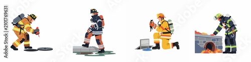 Foto Collection of illustrations depicting courageous firefighters rescuing kittens and cats from various underground drainage systems, storm drains, and manholes