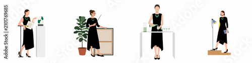 Obraz na plátne Vector illustration set of professional women in black dresses working at an art gallery event, featuring a curator, auctioneer, hostess, and visitor