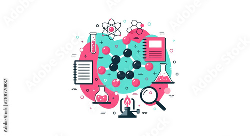 Flat Vector Science and Chemistry Laboratory Concept Illustration with Molecular Models, Flasks, and Research Equipment