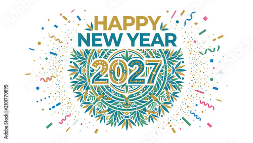 Konstfotografi Happy New Year 2027: A festive and abstract design proclaims Happy New Year 2027 with a mandala-like circular pattern and exploding confetti, perfect for celebrating the start of a new year