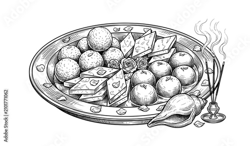 Fotografie Indian diwali festival sweets thali platter with incense sticks and conch line a