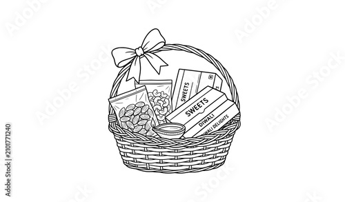 Cuadro en lienzo Diwali sweets and dry fruits gift hamper basket line art illustration for deepav