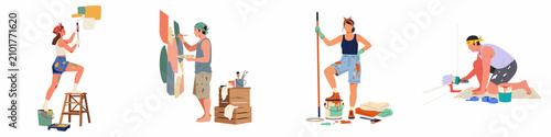 Diverse people painting walls in a set of home renovation and DIY project illustrations featuring rollers, brushes, and colorful paint splatters.