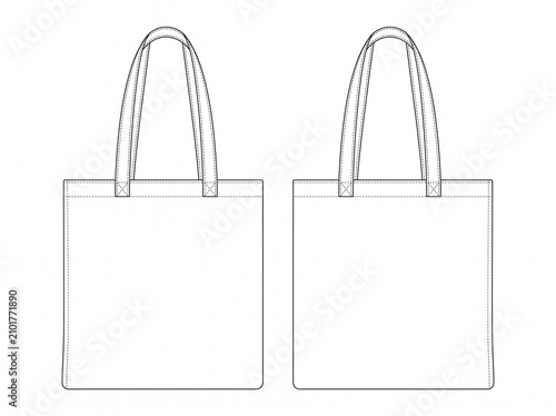 Basic shopping tote bag fashion technical sketch front and back view with standard shoulder straps