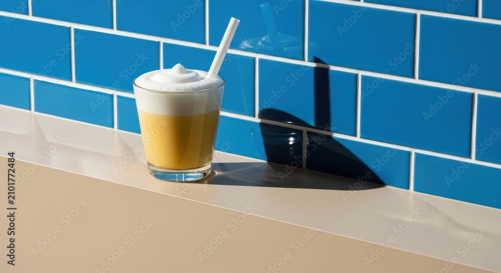 Obraz premium Refreshing Yellow Smoothie with Foam and Straw Against Blue Tiled Wall in Bright Sunlight