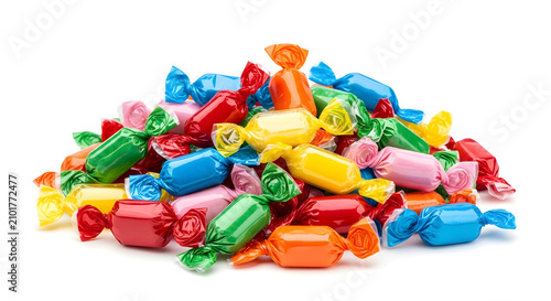 Assorted colorful wrapped candies in a pile