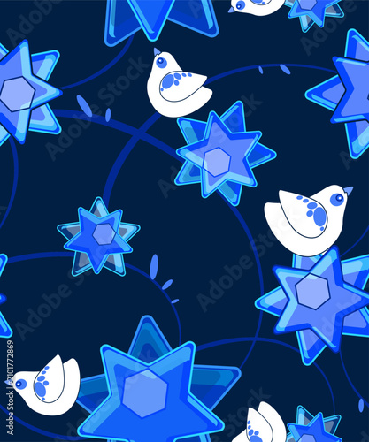 Seamless color background, batik, or design with floral patterns and birds. Vector.