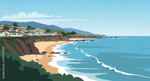 Vector illustration of a coastal landscape with sandy beach, blue ocean waves, rocky cliffs, and residential houses on the hillside under a clear sky in a flat graphic style.