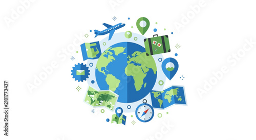 Global Travel and Tourism Flat Vector Concept with Earth Globe, Airplane, Luggage, and Navigation Icons for Vacation Planning