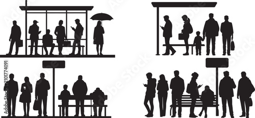 silhouettes of diverse crowds of people waiting at public transit hubs, people waiting and boarding city bus at urban stop, daily commute scene with public transportation and routine, vector