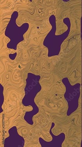 Abstract Purple Shapes Morphing and Flowing Over a Wavy Golden Background Pattern
