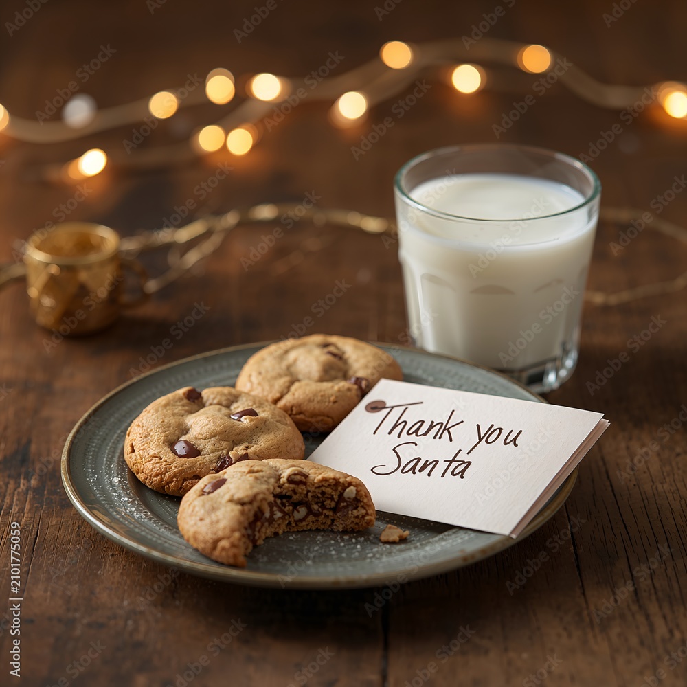 Obraz premium A plate of chocolate chip cookies with a glass of milk and a Thank you Santa note, perfect for a Christmas morning tradition