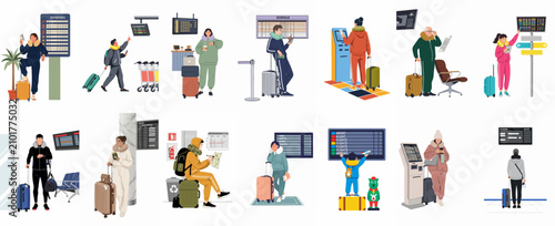 Set of vector characters of travelers and passengers at an airport terminal with luggage, checking flight information and schedules.