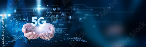 Fotografija Engineer holding the signal device 5G Technology network system high speed connection data transmission wireless communication future internet infrastructure development global connectivity