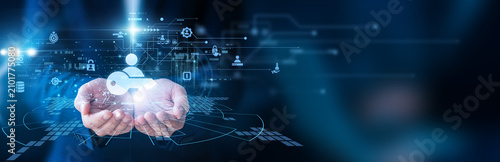 Konstfotografi IT officer holding the security tablet Access Management system user control login protection identity verification data security permission monitoring cyber safety technology network protection