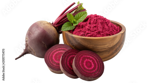Fresh red beet root with sliced pieces and pink vegetable powder in wooden bowl spoon.