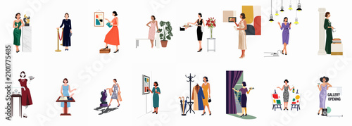 Foto Elegant Women at Art Gallery Opening Event Illustration Set Featuring Curators,