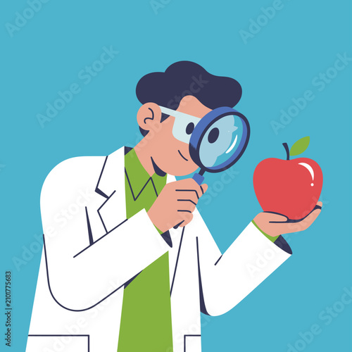 Vector illustration of scientist inspecting red apple with magnifying glass