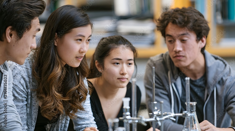 Obraz premium Four young adults focused on lab equipment during a science class session with glassware and metal fittings