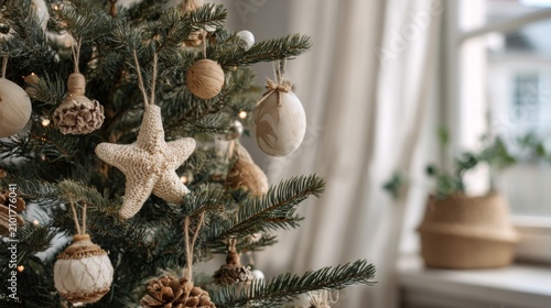 Cozy Christmas Tree Decorated with Natural Ornaments in Soft Indoor Light