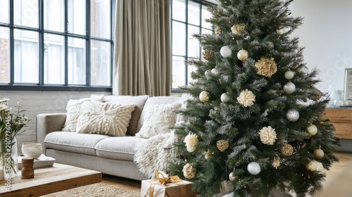 Cozy living room with decorated Christmas tree, soft couch, elegant ornaments, and festive presents near a large window