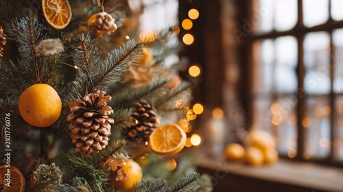 Festive Christmas Tree with Oranges, Pinecones, and Warm Lights in Cozy Winter Interior
