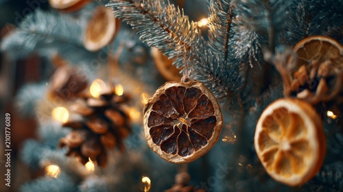 Dried Orange Slices and Pine Cones Hanging on a Christmas Tree Decorated with Lights and Greenery