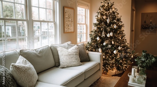 Cozy Living Room Decorated for Christmas with Beautiful Tree and Soft Sofa in Natural Light