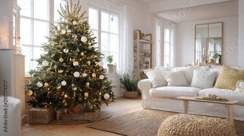 Cozy Living Room with Elegant Christmas Tree and Bright Décor in Warm Winter Vibe