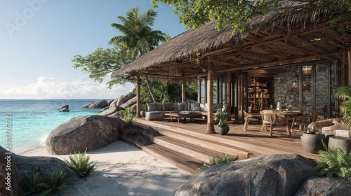 Serene Coastal Retreat with Bamboo Hut, Ocean View, Tropical Landscape, and Relaxing Outdoor Living Space