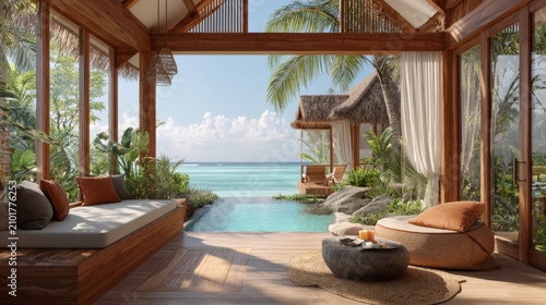Serene Coastal Retreat with Open-Air Living Space and Stunning Ocean View Surrounded by Lush Greenery and Tranquil Ambiance
