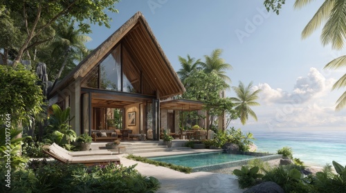 Idyllic Tropical Villa with Infinity Pool Overlooking Ocean and Lush Greenery on a Sunny Day in Paradise