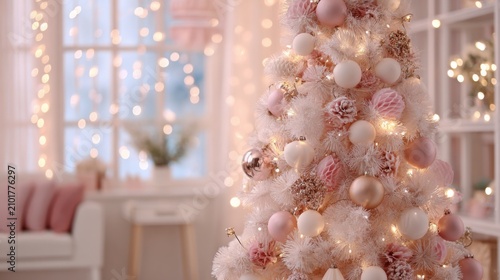 Elegant Pink and White Christmas Tree Decorated with Ornaments and Lights in a Cozy Indoor Setting
