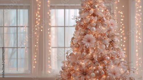 Elegant Pink Christmas Tree Decorated with White Ornaments and Warm Fairy Lights in a Cozy Atmosphere