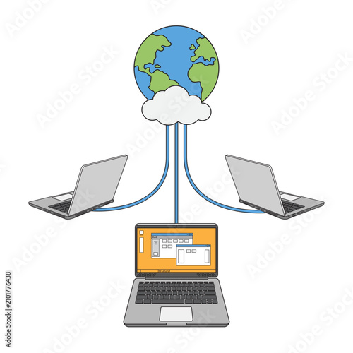 Laptops are connecting to the internet. Global network connection. Vector Illustration EPS 10.