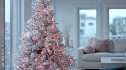 Beautifully Decorated White Christmas Tree with Soft Lighting in a Modern Living Room