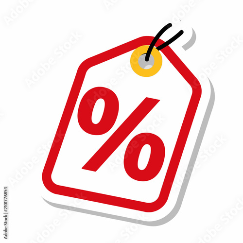 Red and white sale price tag icon with percent symbol on isolated white background representing discount, shopping promotion, retail offer, and special marketing deal for commerce