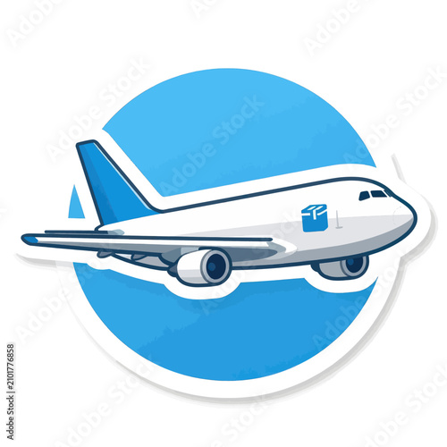 Minimalist vector illustration of a white cargo airplane flying in a blue circle sticker style representing global logistics shipping and air freight transport service icon design