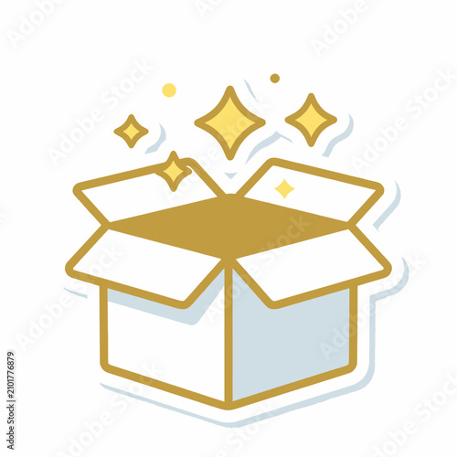 Open white cardboard box with glowing golden sparkles and stars emerging from inside representing magic surprise delivery or a new discovery idea on a plain white background