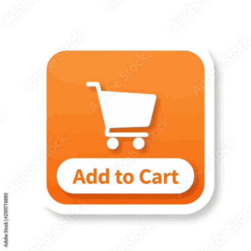 Orange web icon button with white shopping cart symbol and text Add to Cart for e-commerce website design, retail online business concept on isolated white background