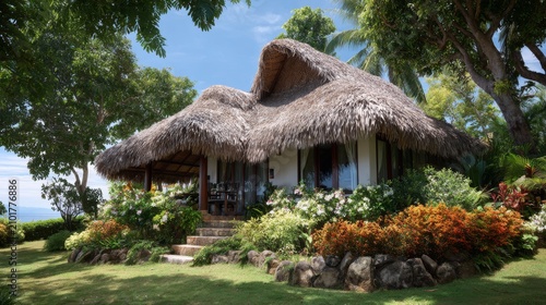 Cozy Tropical Cottage Surrounded by Lush Greenery and Colorful Flowers Near the Ocean in a Peaceful Setting