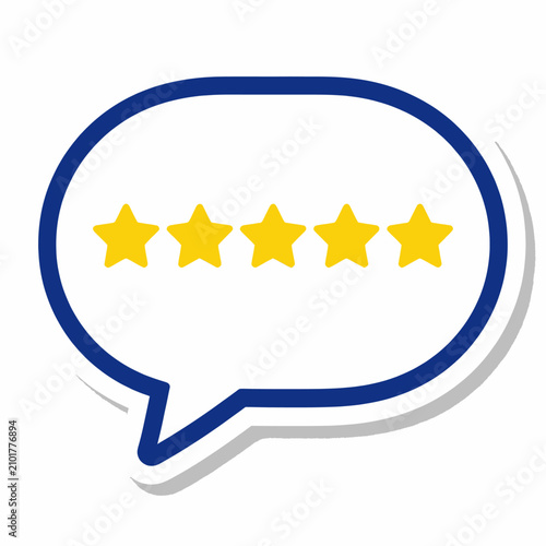 Five golden star rating icon inside a blue speech bubble on white background representing excellent customer service quality reviews and positive feedback concept in flat design style