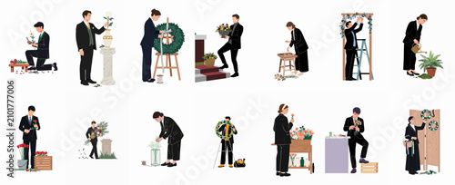 фотографія Professional Florists in Formal Suits Arranging Funeral Flowers and Memorial Wre