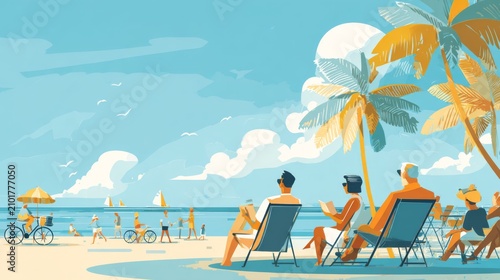 Serene Beach Scene with Palm Trees, Relaxing People, and Vibrant Blue Sky in Contemporary Style