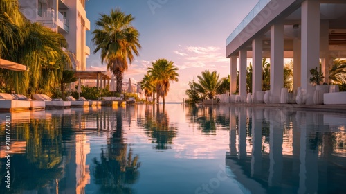 Serene Tropical Resort Pool at Sunset with Reflections and Lush Palm Trees in a Luxurious Setting