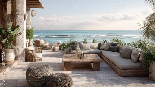 Serene Coastal Retreat with Stylish Outdoor Seating and Breathtaking Ocean View