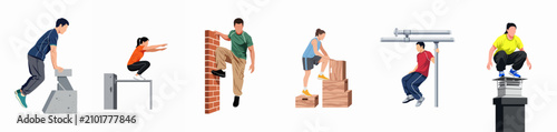 Bild auf Leinwand Set of flat vector illustrations depicting various people practicing parkour, jumping, and climbing on urban obstacles against a white background